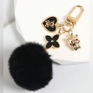 Pompom and floral and bear bag tag - pink.  NEW!! Pick black or pink